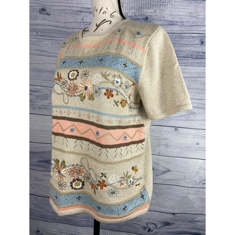 Alfred Dunner Embroidered Sweater Women PM Short Sleeve Crew Neck Floral Grandma